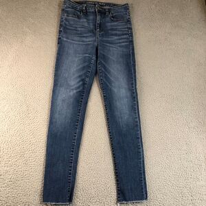 American Eagle‎ Jeans Womens 8 Blue Jeggings Stretch Super Hi-Rise Raw Hem Denim